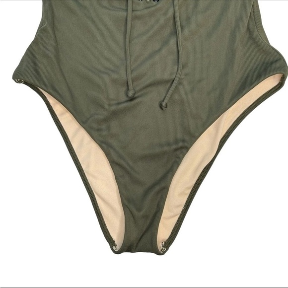 LA Hearts by PacSun Tie Front One-Piece Swimsuit Olive Green Ribbed SizeXS - Picture 5 of 13